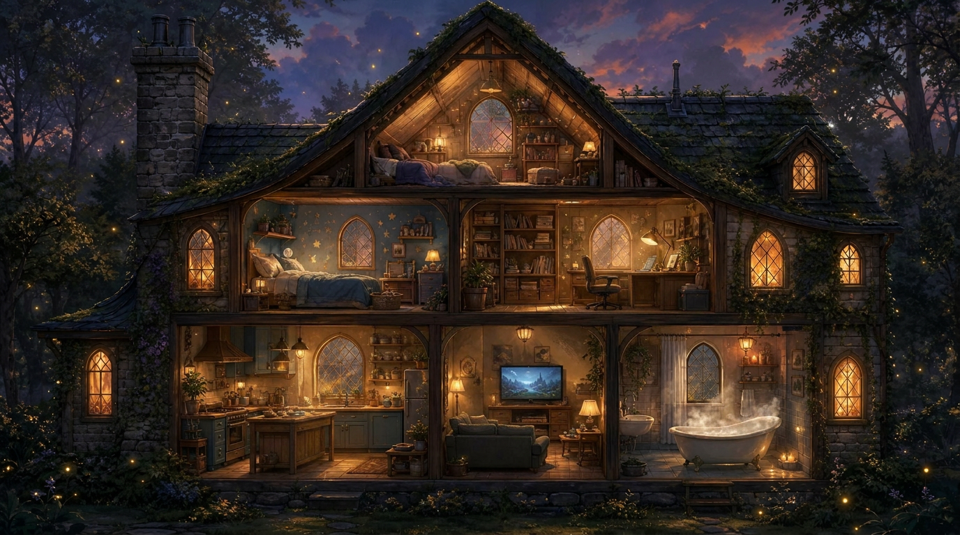 A luminous cross-section of a cozy cottage at twilight, with softly glowing rooms